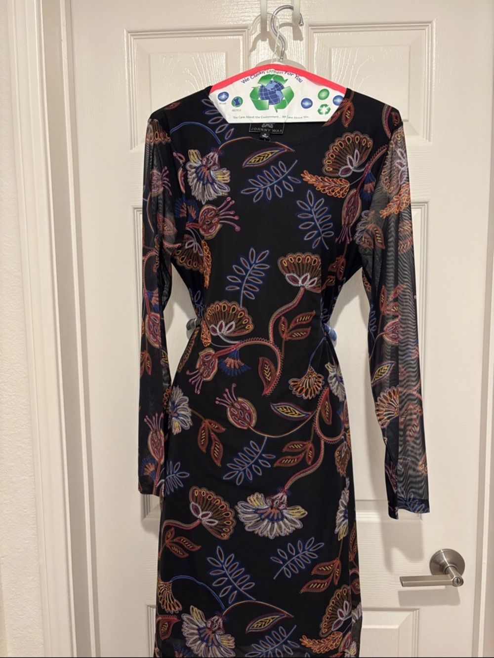 Johnny Was Black Long-Sleeve Floral Mesh Midi Dress